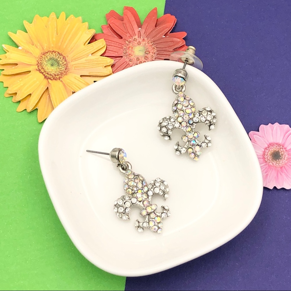 Fleur De Lis AB Iridescent Rhinestone Drop Earrings